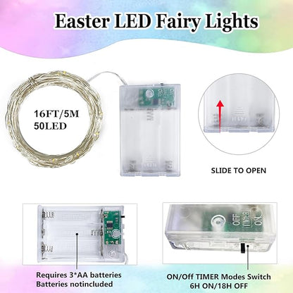 4-Pack Easter Lights Battery Operated, Pastel Fairy Lights with Timer, Waterproof 16FT 50LED Christmas String Light Indoor Outdoor for Easter Home Bedroom Christmas Centerpiece Decoration (Multicolor)