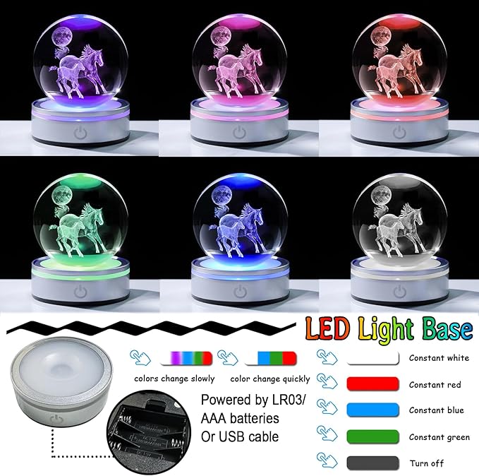Crystal 3D Moon and Horses 3.15in Ball Figurine Gifts for Men, Collectible Glass Animal Art Sphere for Room with LED Light Base Keepsakes for Horse Lovers Home Decor