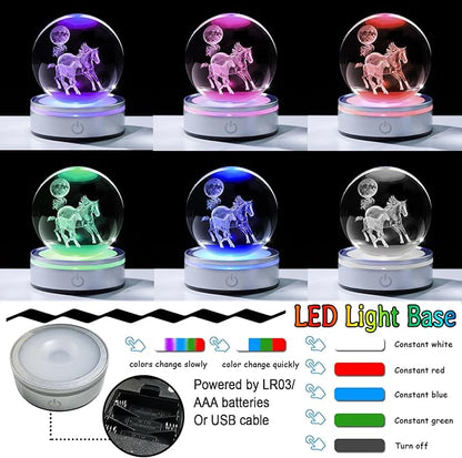 Crystal 3D Moon and Horses 3.15in Ball Figurine Gifts for Men, Collectible Glass Animal Art Sphere for Room with LED Light Base Keepsakes for Horse Lovers Home Decor