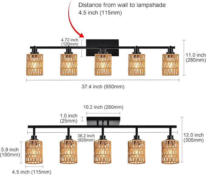 MELUCEE 5 Light Black Track Ceiling Light Fixture with Rattan Lamp Shade, Farmhouse Vanity Lights for Bathroom with Rotatable Light Head, Spotlight Track Lighting for Hallway Porch Foyer Bath