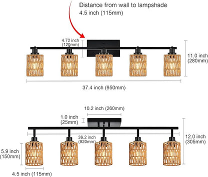 MELUCEE 5 Light Black Track Ceiling Light Fixture with Rattan Lamp Shade, Farmhouse Vanity Lights for Bathroom with Rotatable Light Head, Spotlight Track Lighting for Hallway Porch Foyer Bath