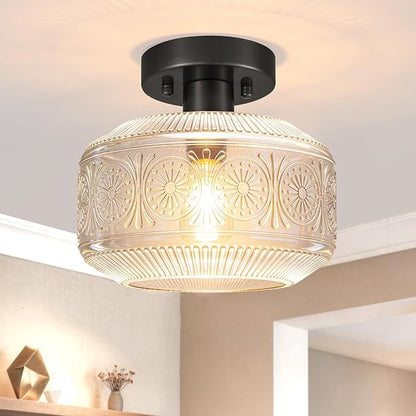 DSMJFU Semi Flush Mount Ceiling Light, Vintage Small Ceiling Light Fixture, Thickened Glass Hallway Lighting Fixture, Black Kitchen Ceiling Mount Light for Entry Way, Bedroom, Bathroom, Porch