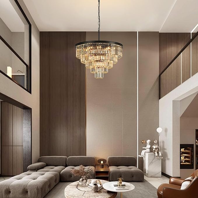 Crystal Chandeliers for Dining Room Lights Fixture Over Table, 20 Lights Black Modern Chandeliers for Living Room, 5-Tier Round Crystal Lighting Fixtures for Bedroom Entryway Kitchen Island D30 Inch