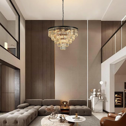 Crystal Chandeliers for Dining Room Lights Fixture Over Table, 20 Lights Black Modern Chandeliers for Living Room, 5-Tier Round Crystal Lighting Fixtures for Bedroom Entryway Kitchen Island D30 Inch