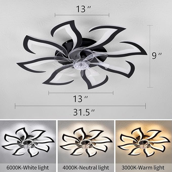 32" Black 8-Head Geometric Ceiling Fan with Lights Remote Control, Low Profile Ceiling Fan with Light for Kitchen Bedroom Living Room