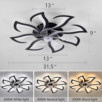 32" Black 8-Head Geometric Ceiling Fan with Lights Remote Control, Low Profile Ceiling Fan with Light for Kitchen Bedroom Living Room
