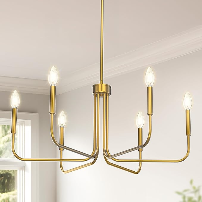 DORESshop Modern Chandelier for Dining Room, 6-Light 28" Brass Farmhouse Chandelier for Dining Room, Dining Light Fixtures Over Table for Bedroom, Hall Kitchen Living Room