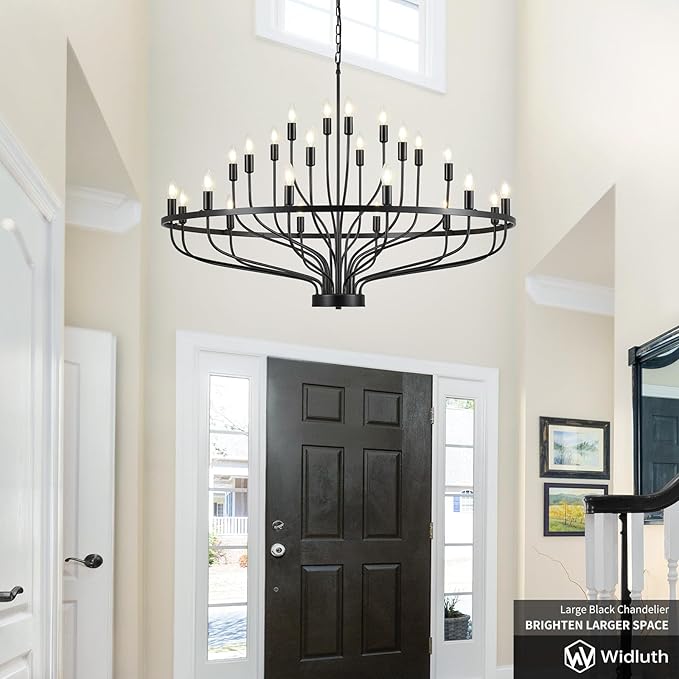 47.2" Large Black Chandelier 24 Light Rustic Industrial Candle Chandeliers Modern Farmhouse Vintage Wagon Wheel Chandelier for Dining Room, Kitchen Island, Hallway, Living Room, Foyer, E12