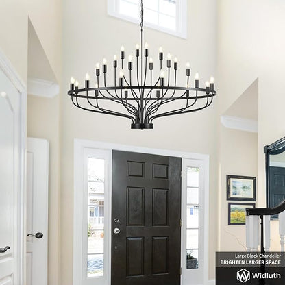 47.2" Large Black Chandelier 24 Light Rustic Industrial Candle Chandeliers Modern Farmhouse Vintage Wagon Wheel Chandelier for Dining Room, Kitchen Island, Hallway, Living Room, Foyer, E12