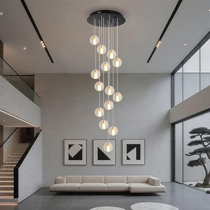 14 Lights Staircase Chandelier for High Ceiling, Dimmable Modern Crystal Raindrop Large Long Hanging Pendant Light for Stairwell Living Room Stair Foyer, Bulbs Included (Black Canopy)
