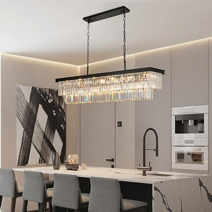 Weesalife Crystal Chandeliers for Dining Room Light Fixtures Over Table，18-Lights Black Modern Rectangle Chandeliers for Kitchen Island Bar L46 Inch