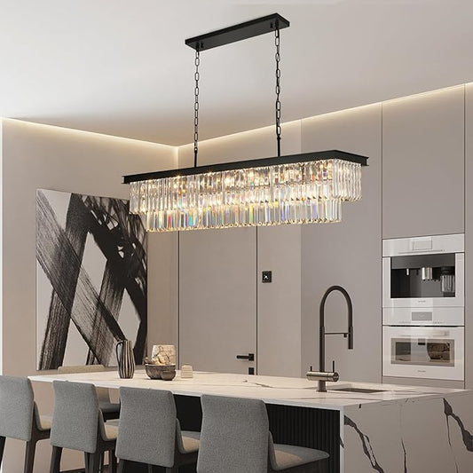 Weesalife Crystal Chandeliers for Dining Room Light Fixtures Over Table，18-Lights Black Modern Rectangle Chandeliers for Kitchen Island Bar L46 Inch