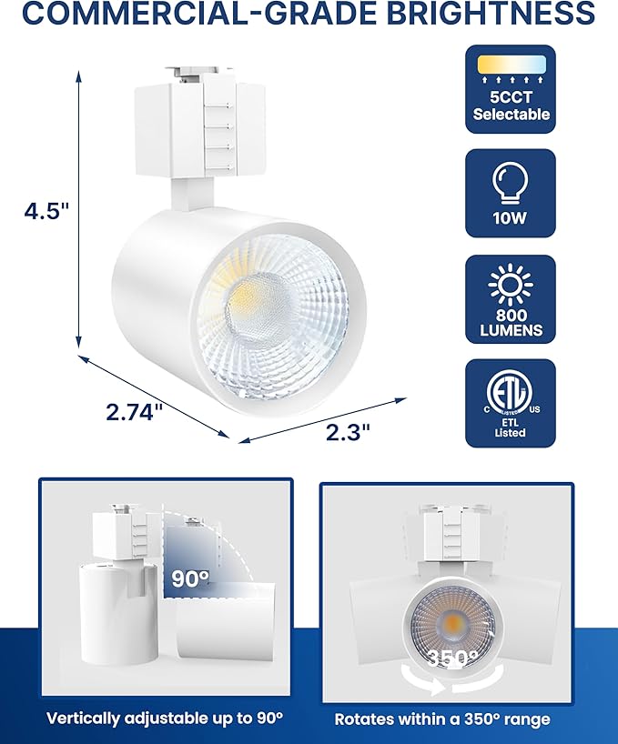 FLSNT LED J Track Lighting Heads, 10W (60W Eq.), 5CCT (2700K-5000K), 800LM CRI90 Dimmable Track Light Head, 36°COB Spotlight, J Type Compatible Track Light for Accent Lighting, White, 6 Pack
