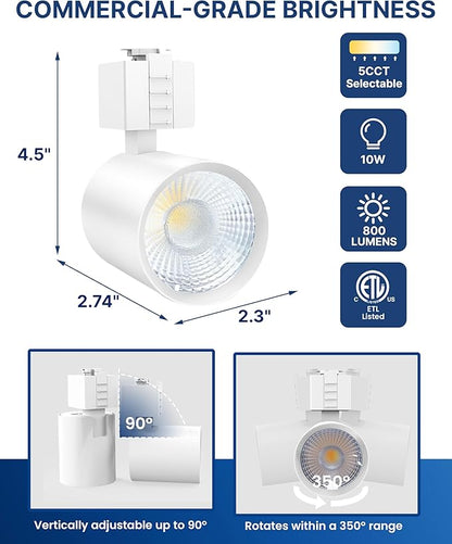 FLSNT LED J Track Lighting Heads, 10W (60W Eq.), 5CCT (2700K-5000K), 800LM CRI90 Dimmable Track Light Head, 36°COB Spotlight, J Type Compatible Track Light for Accent Lighting, White, 6 Pack