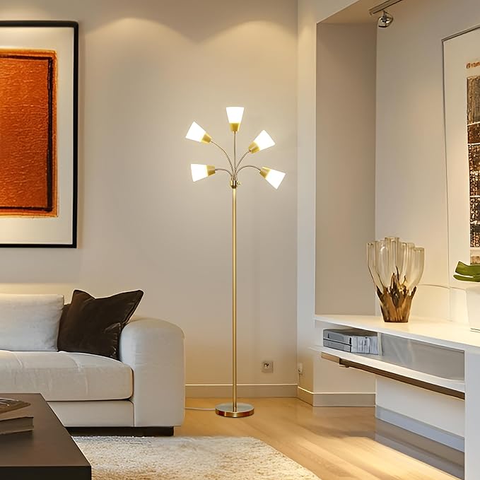 Brightech Medusa Modern LED Floor Lamp – Multi Head Floor Lamp for Living Rooms & Offices – Tall Lamp with Interchangeable Shade, Standing Lamp with 5 LED Bulbs for Hobbies - Brass