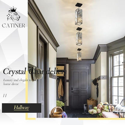 CATINER Black Crystal Pendant Lights 3 Pack, Mini Hanging Pendant Lighting Fixture with Adjustable Cord, Modern Kitchen Island Pendant Lights for Dining Room, Bedroom, Hallway, E26 Base