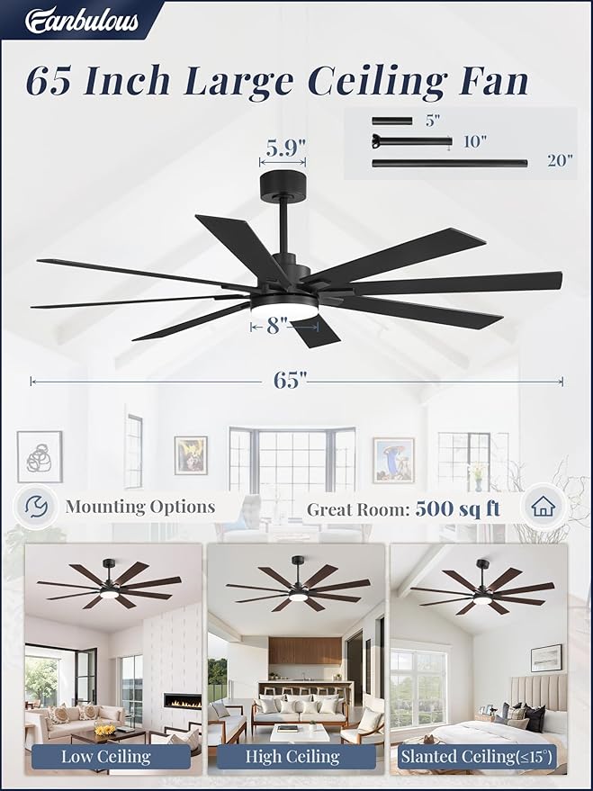 Fanbulous 65 Inch Ceiling Fan with Light and Remote, 6 Speeds Reversible DC Motor Ceiling Fans for Living Room Patio Garage, 3CCT Dimmable LED, 8 Wood Blades, Downrod Mount, Sloped Ceiling Compatible