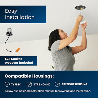 Feit Electric LED 4 Inch Recessed Lights Retrofit with E26 Adaptor, High Output 75W Equivalent 1000 Lumens, 4in Retrofit Downlights Dimmable, 50,000 Hours, 5000 CCT, 6 Pack, LEDR4XHO/950CA/6