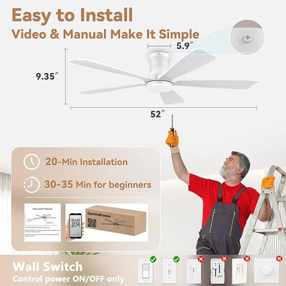GentleBreeze 52" Wood Smart Low Profile Ceiling Fans with Lights Remote,Control via WIFI Alexa Google App,Quiet DC Motor,Outdoor Indoor Flush Mount Ceiling Fan for Modern Bedroom Patio Porch,White