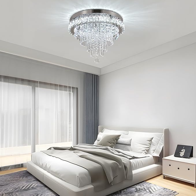 FRIXCHUR 17.7" LED Crystal Chandelier Modern Crystal Ceiling Light Fixture Large Flush Mount Chandeliers Ceiling Lighting for Living Room Bedroom Kitchen (6500K Cool White)
