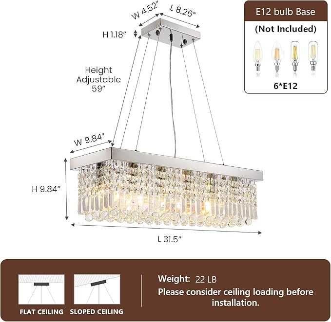 Modern Crystal Chandeliers for Dining Room Kitchen Island Light Fixture, 6-Light Rectangle Chandelier for Living Room, L31.5 Inch, Chrome Finish