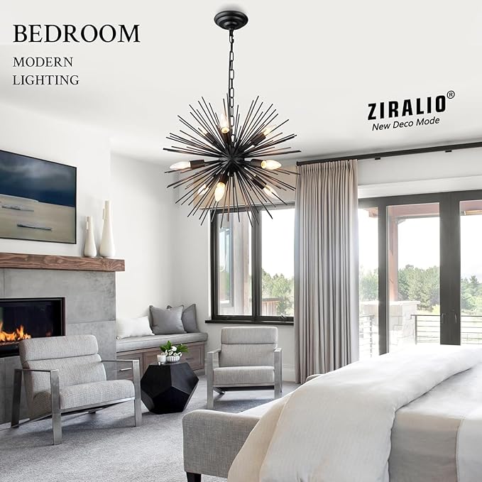 20" Black Sputnik Chandelier Vintage 9-Light Modern Starburst Chandelier Light Fixture Solid Metal Black Satellite Sputnik Chandeliers for Dining Room, Kitchen, Bedroom, Living Room, Foyer