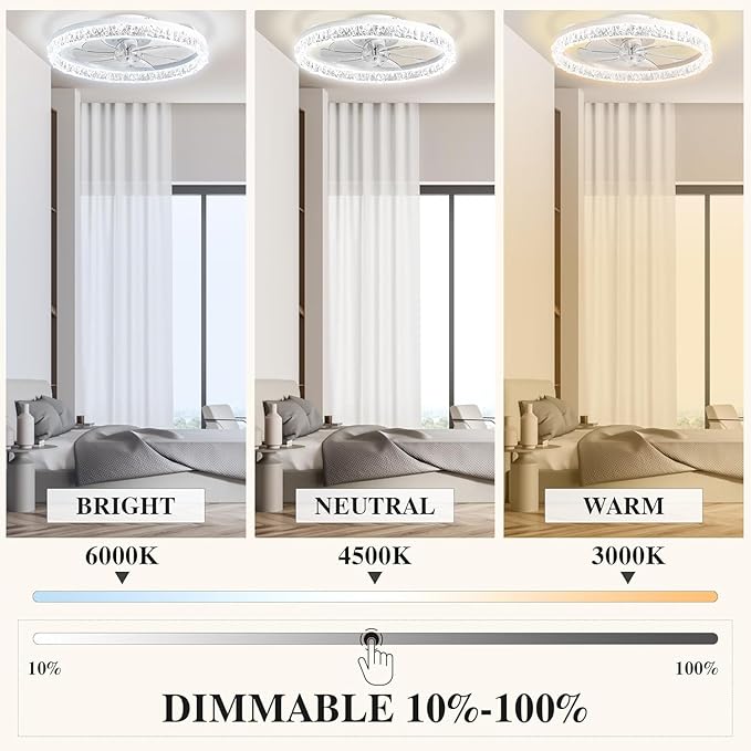 DIAMONDFORGE Ceiling Fans with Lights and Remote Fandelier - 20" Flush Mount Low Profile Modern Ceiling Fans for Bedroom - Stepless Color Temperature and 6 Speeds, White Irregular Crystal