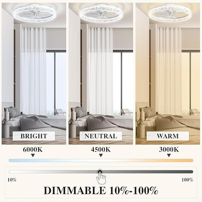 DIAMONDFORGE Ceiling Fans with Lights and Remote Fandelier - 20" Flush Mount Low Profile Modern Ceiling Fans for Bedroom - Stepless Color Temperature and 6 Speeds, White Irregular Crystal