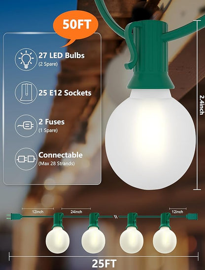 SUNSGNE G40 LED Round Christmas Lights Outdoor, 50FT Globe Christmas String Lights with 27 LED Frosted White Bulbs(2 Spare) for Patio Yard Outside Christmas Decorations