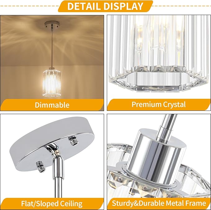 2-Pack Chrome Pendant Lights Kitchen Island Modern Crystal Hanging Pendant Light Hexagonal Mini Chandelier Adjustable Hanging Kitchen Lights for Dining Room Hallway Bedroom Entryway Light Fixture