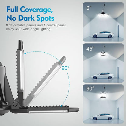 TANBABY 2 Pack LED Garage Lights, 250W Deformable Garage Light, Total 50000LM 6500K Daylight, 8+1 Adjustable Panels, Plug-in Cord Ceiling Light for Basement