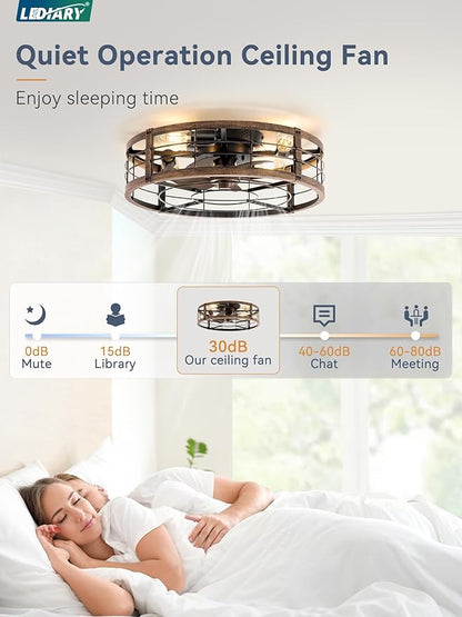 LEDIARY 20" Caged Ceiling Fan with Light and Remote, Low Profile Flush Mount Fandelier, Black Gold Bladeless Enclosed Small Fan Lights Ceiling Fixtures, Rustic Farmhouse Style for Bedroom, Outdoor