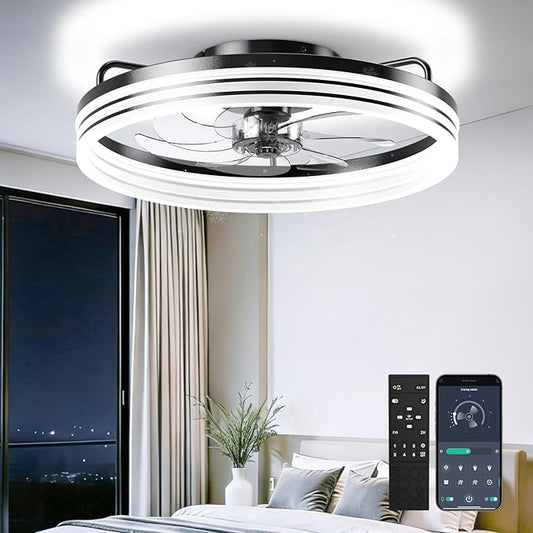 AIKVSXER Ceiling Fan with Light,20" Flush Mount Ceiling Fan,6 Speeds,3000-6500K Dimmable LED, App & Remote Control, Quiet DC Motor, for Bedroom, Living Room Modern Ceiling Fans with Lights(Black)
