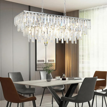 Modern Chrome Rectangle Chandelier, 10 Lights Linear Luxury Crystal Chandelier Top K9 Crystal Rectangular Ceiling Pendant Light Fixture for Dining Room Kitchen Table Living Room