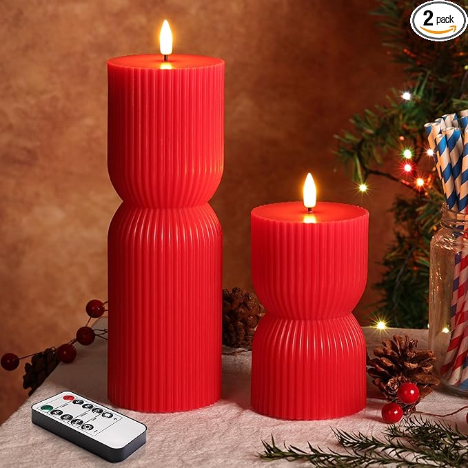 Red Ribbed Fluted Flameless Pillar Candles with Remote, Battery LED Wax Candles Flickering Home Aesthetics Decor Gift Set of 2
