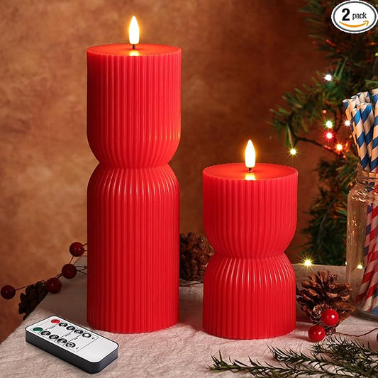 Red Ribbed Fluted Flameless Pillar Candles with Remote, Battery LED Wax Candles Flickering Home Aesthetics Decor Gift Set of 2