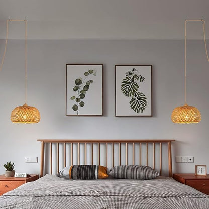 Bamboo Plug in Pendant Light with 14ft Handmade Woven Light Cord, Dimmable Switch, Boho Basket Hanging Lamp for Bedroom Kitchen Island Decor Farmhouse Living Room