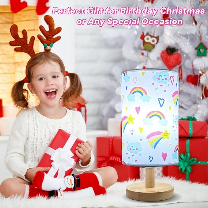 Rainbow Lamp for Girls Bedroom,Gifts for Girls-3 Color Modes Nightstand Night Light Lamp,Wood Base Flaxen Fabric Shade Desk Reading Lamp for Bedroom Living Room Office Christmas Gifts for Girl
