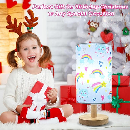 Rainbow Lamp for Girls Bedroom,Gifts for Girls-3 Color Modes Nightstand Night Light Lamp,Wood Base Flaxen Fabric Shade Desk Reading Lamp for Bedroom Living Room Office Christmas Gifts for Girl