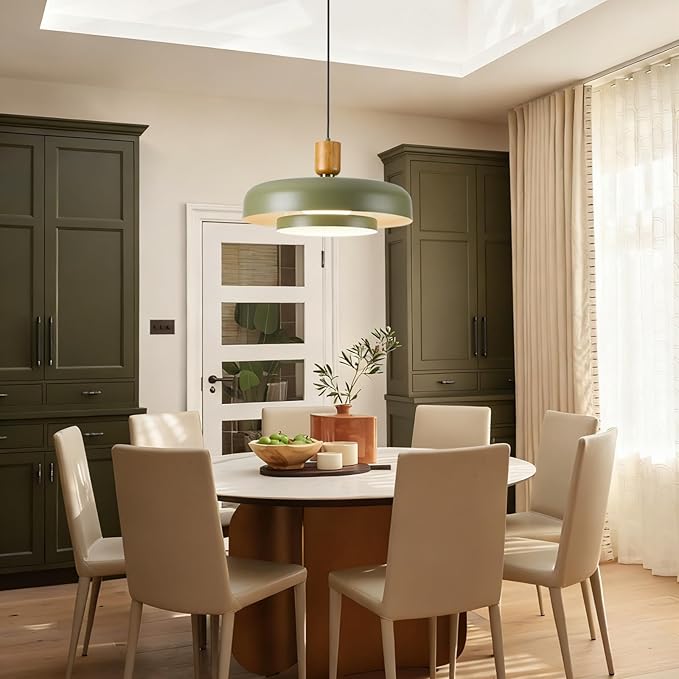 Mid Century Pendant Light 19.68" - Natural Wood Brass Accent, 2-Layer Deep Green Shade for Dining Room Kitchen