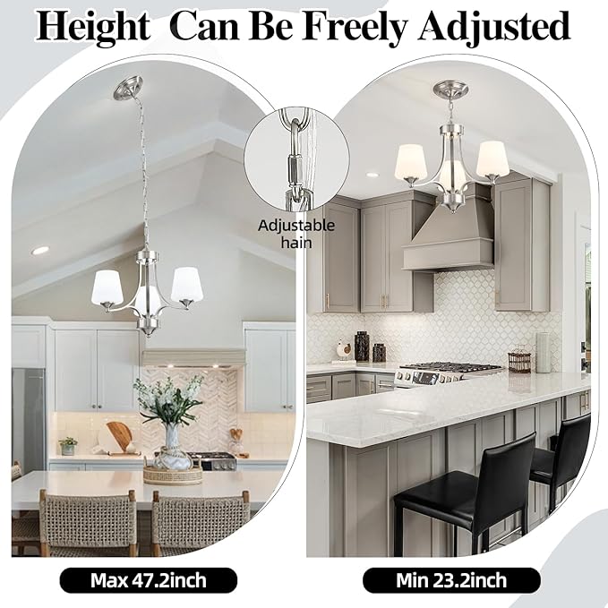 Brushed Nickel Dining Room Light Modern Sliver Chandelier with Frosted Glass, 3-Light Metal Farmhouse Kitchen Island Light Fixtures E26 Hanging Pendent Lighting for Living Room, Kitchen, Foyer