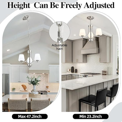 Brushed Nickel Dining Room Light Modern Sliver Chandelier with Frosted Glass, 3-Light Metal Farmhouse Kitchen Island Light Fixtures E26 Hanging Pendent Lighting for Living Room, Kitchen, Foyer
