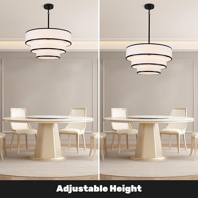 Drum Chandelier for Dining Room, 5-Light Modern Black Chandelier with White Fabric Shade, 20" Hanging Linen Drum Pendant Ceiling Light Fixture for Kitchen Island Bedroom Living Room
