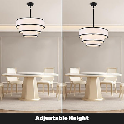 Drum Chandelier for Dining Room, 5-Light Modern Black Chandelier with White Fabric Shade, 20" Hanging Linen Drum Pendant Ceiling Light Fixture for Kitchen Island Bedroom Living Room
