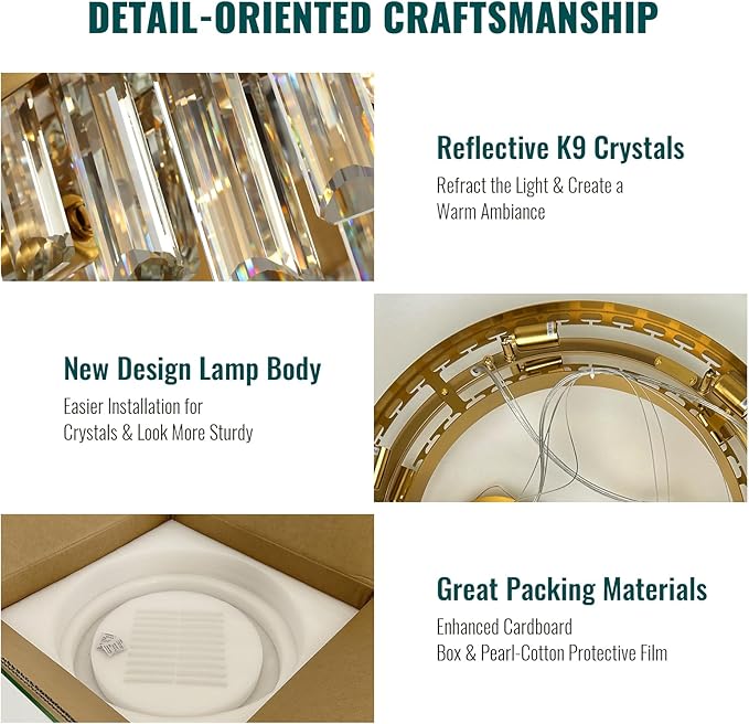 Siljoy Modern Crystal Chandelier, 12-Light Brushed Gold Round K9 Crystal Raindrop Chandelier, Luxury Dimmable Pendant Ceiling Light for Dining Room Living Room Kitchen Island Entryway Foyer, D23.6''
