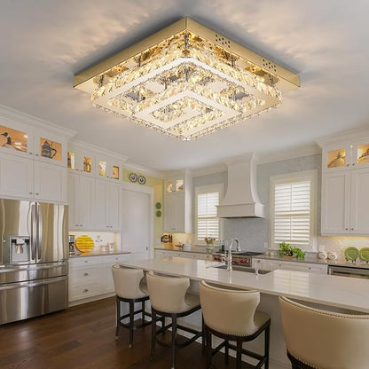 25" Crystal Gold Chandelier with Remote/App Control, 3 Color Temperature Light Fixture & Brightness Adjustable, Modern Flush Mount LED Ceiling Light Fixture for Living Room Kitchen Hallway Dining Room
