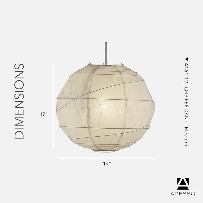 Adesso Orb Medium Pendant with Collapsible Rice Paper Shade – 15ft Cord, 19” Diameter – Stylish Ceiling Lighting