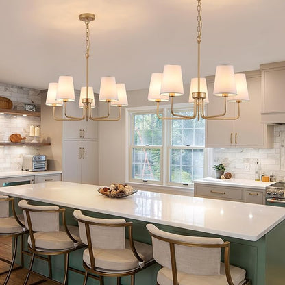 AMZASA Farmhouse Chandelier, 5-Lights Visual Comfort Gold Light, Muted Gold with White Fabric Shade, Linear Island Lighting Fixture for Kitchen, Dining Room