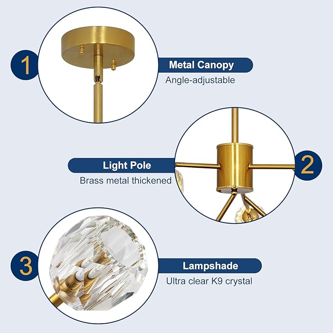 Depuley Modern Gold Sputnik Chandelier: 9-Light Crystal Glass Chandelier for Dining Room - Kitchen Table Light Fixture Mid Century Hanging Lamp Height Adjustable for Foyer (Included G9 Bulbs)