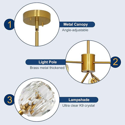 Depuley Modern Gold Sputnik Chandelier: 9-Light Crystal Glass Chandelier for Dining Room - Kitchen Table Light Fixture Mid Century Hanging Lamp Height Adjustable for Foyer (Included G9 Bulbs)
